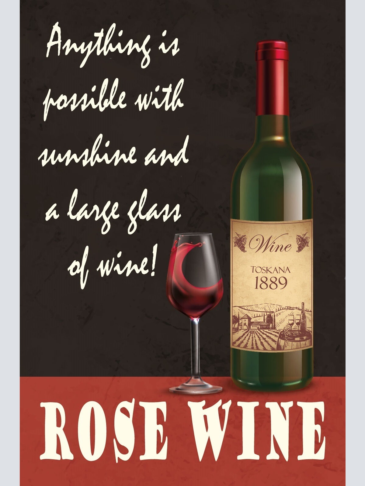 Schild Rose Wine Rosé Wein Sonne Glas 12x18 / 20x30 / 30x40 Blech od. Holz