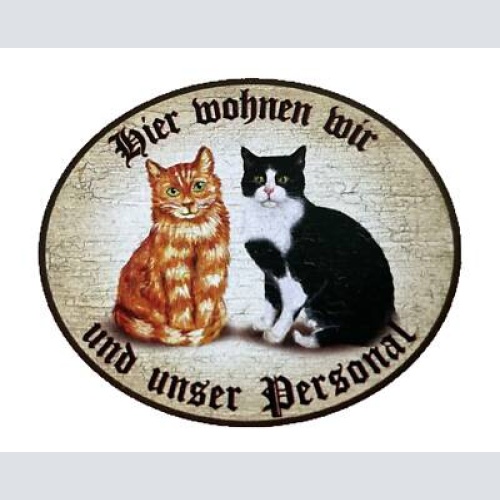 Kuk nostalgie holzschild "hier wohnen wir u.u. personal“ duo katze rot sw