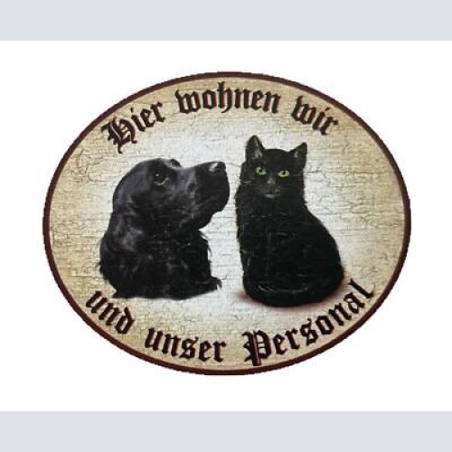 Kuk nostalgie holzschild "hier wohnen wir u.u. personal“ duo katze hund schwarz