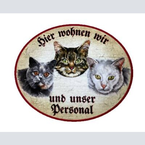 Kuk nostalgie holzschild "hier wohnen wir u.u.personal“ trio katze tabby blau w