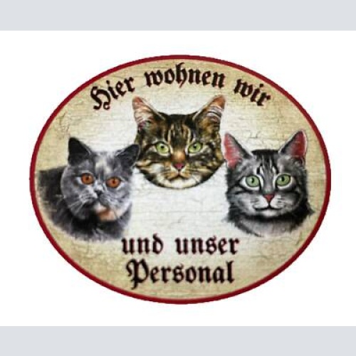 Kuk nostalgie holzschild "hier wohnen wir u.u. personal“ trio katze tabby blau