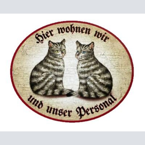 Kuk nostalgie holzschild “hier wohnen wir u.u.personal“ duo katze tabby getigert