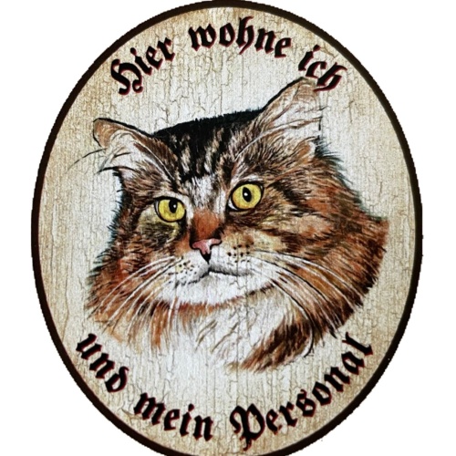KuK Nostalgie Holzschild "Hier wohne ich und mein Personal“ Katze Sibirisch