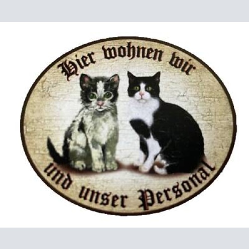 Kuk nostalgie holzschild “hier wohnen wir u.u. personal“ duo katze schwarzweiß