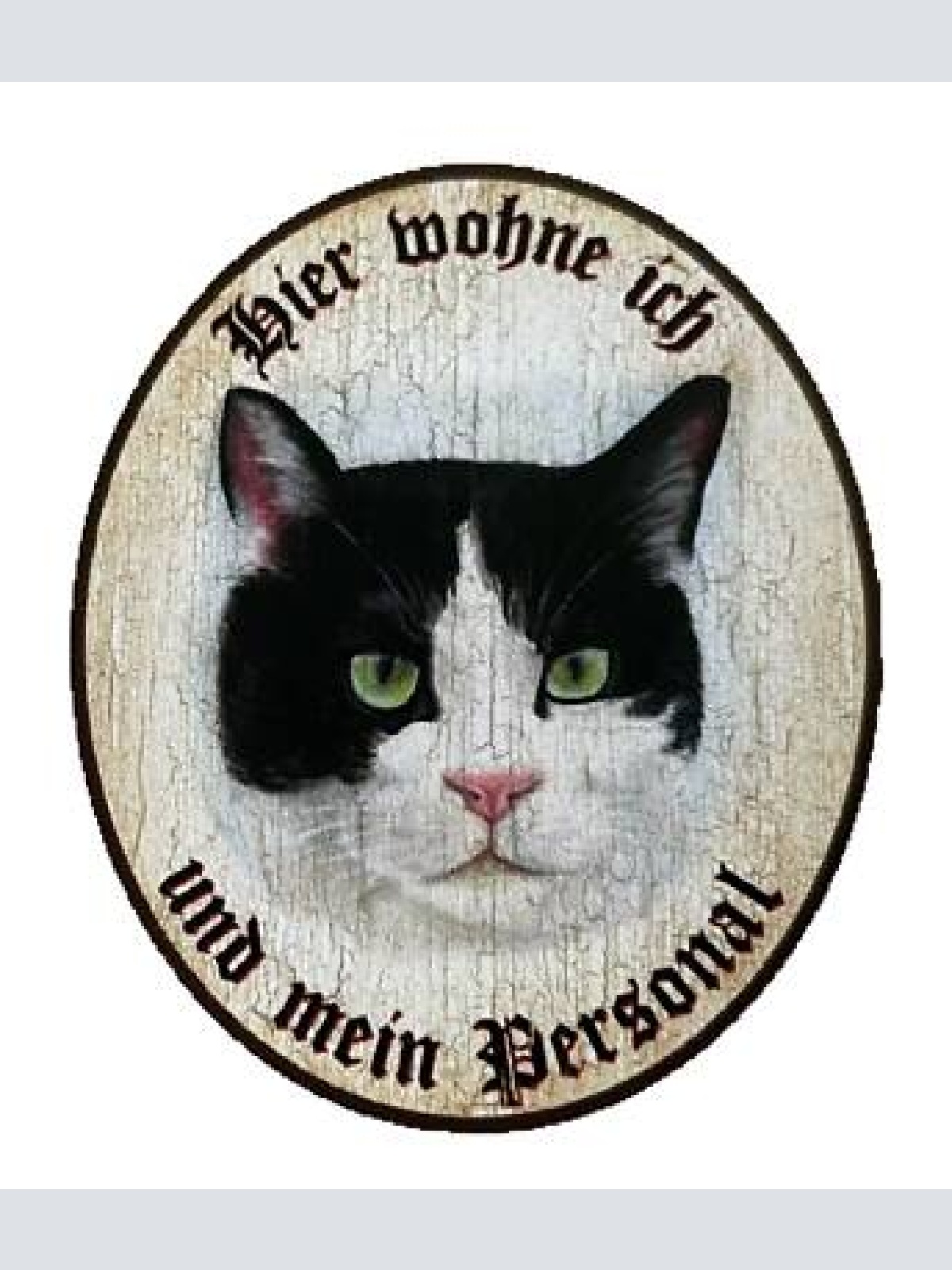 Kuk nostalgie holzschild "hier wohne ich und mein personal“  katze schwarzweiß