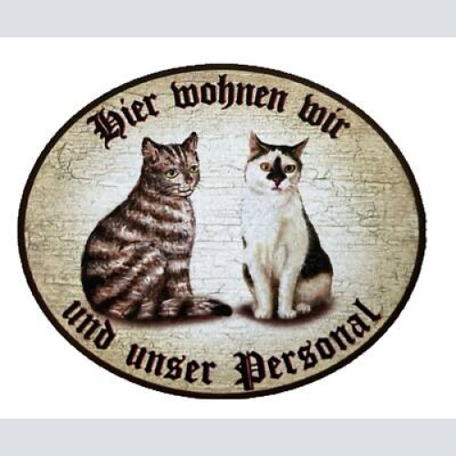 Kuk nostalgie holzschild "hier wohnen wir u.u. personal“ duo katze tabby