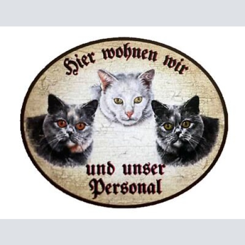 Kuk nostalgie holzschild "hier wohnen wir u.u. personal“ trio katze r.blau weiß