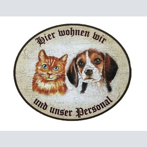 Kuk nostalgie holzschild "hier wohnen wir u.u. personal“  katze hund duo