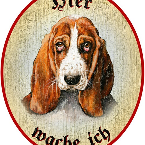 KuK Nostalgie Holzschild "Hier wache ich" Basset Hund