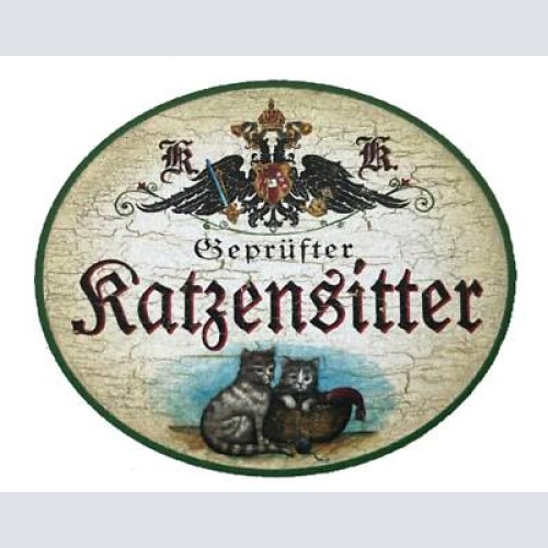Kuk nostalgie holzschild "geprüfter katzensitter" duo katze tabby getigert korb