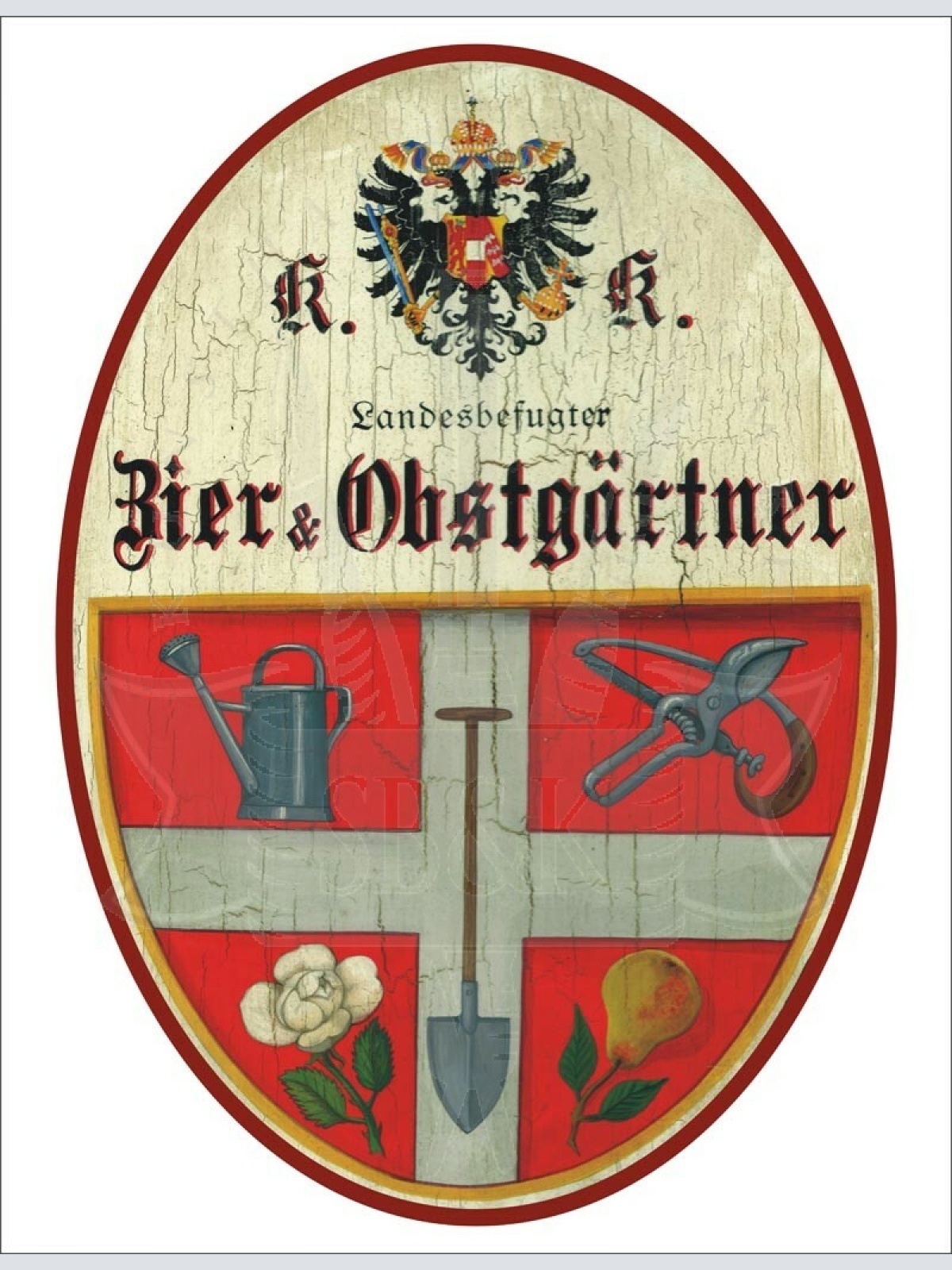 KuK Nostalgie Holzschild - Landesbefugter Zier & Obstgärtner - Wappen Blume TH