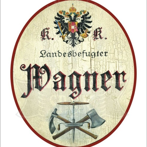 KuK Nostalgie Holzschild - Landesbefugter Wagner - Werkzeuge Axt TH