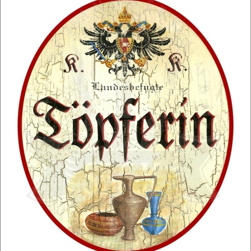 KuK Nostalgie Holzschild - Landesbefugte Töpferin - Krug Vase TH