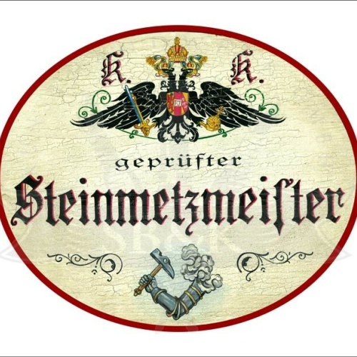 KuK Nostalgie Holzschild - Geprüfter Steinmetzmeister - Wappen Hammer TH