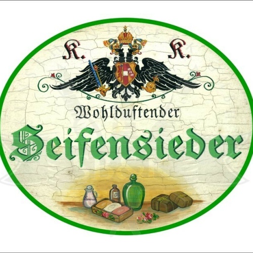 KuK Nostalgie Holzschild - Wohlduftender Seifensieder - Flaschen Öl TH