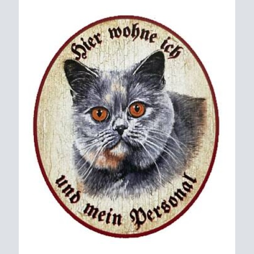 Kuk nostalgie holzschild "hier wohne ich und mein personal“ katze russisch blau