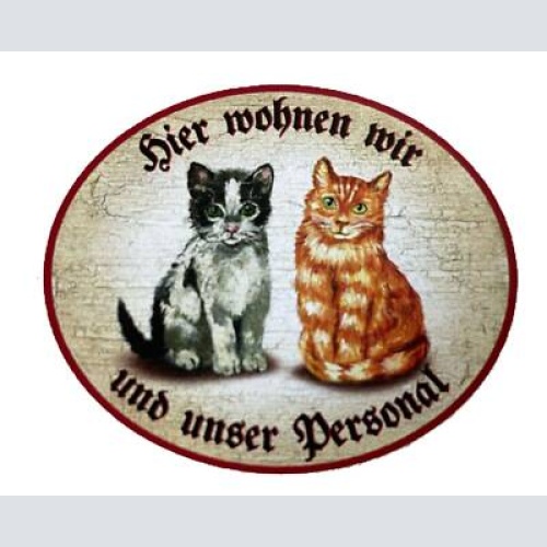 Kuk nostalgie holzschild "hier wohnen wir u.u. personal“ duo katze junges sw rot