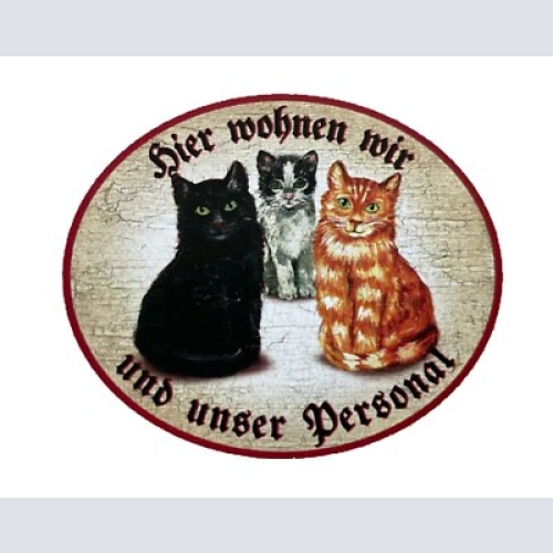 Kuk nostalgie holzschild "hier wohnen wir u.u. personal“ trio katze schwarzw rot