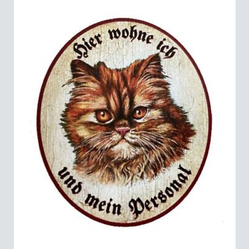 Kuk nostalgie holzschild "hier wohne ich und mein personal“ katze rot getigert