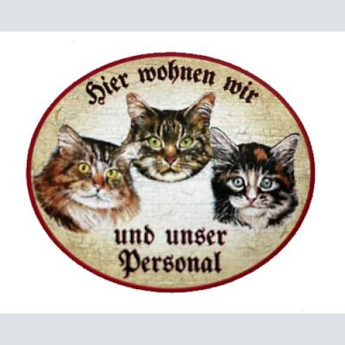 Kuk nostalgie holzschild "hier wohnen wir u.u.personal“ trio katze tabby sibir.