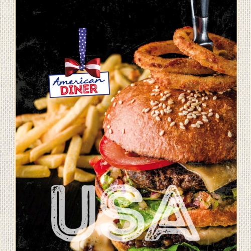 Schild USA American Diner Burger Fast Food Pommes 12x18 20x30 30x40 Blech/Holz
