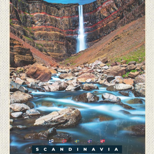 Schild Scandinavia SKA Hengifoss Wasserfall ISL 12x18 20x30 30x40 Blech/Holz