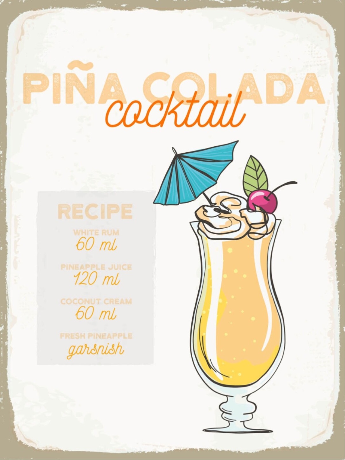 Schild Pina Colada Rezept Bar Alkohol Drink 12x18 20x30 30x40 Blech/Holz