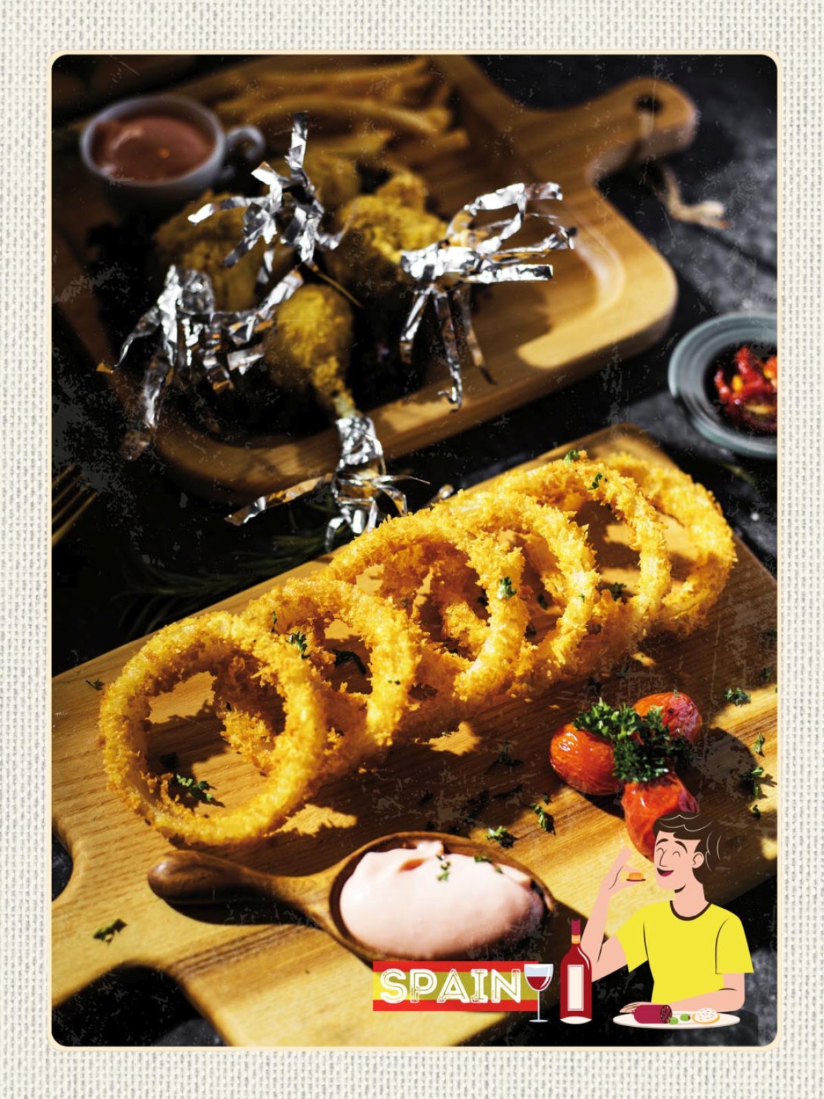 Schild Spain Spanien Zwiebelringe Essen Spezialität 12x18 20x30 30x40 Blech/Holz