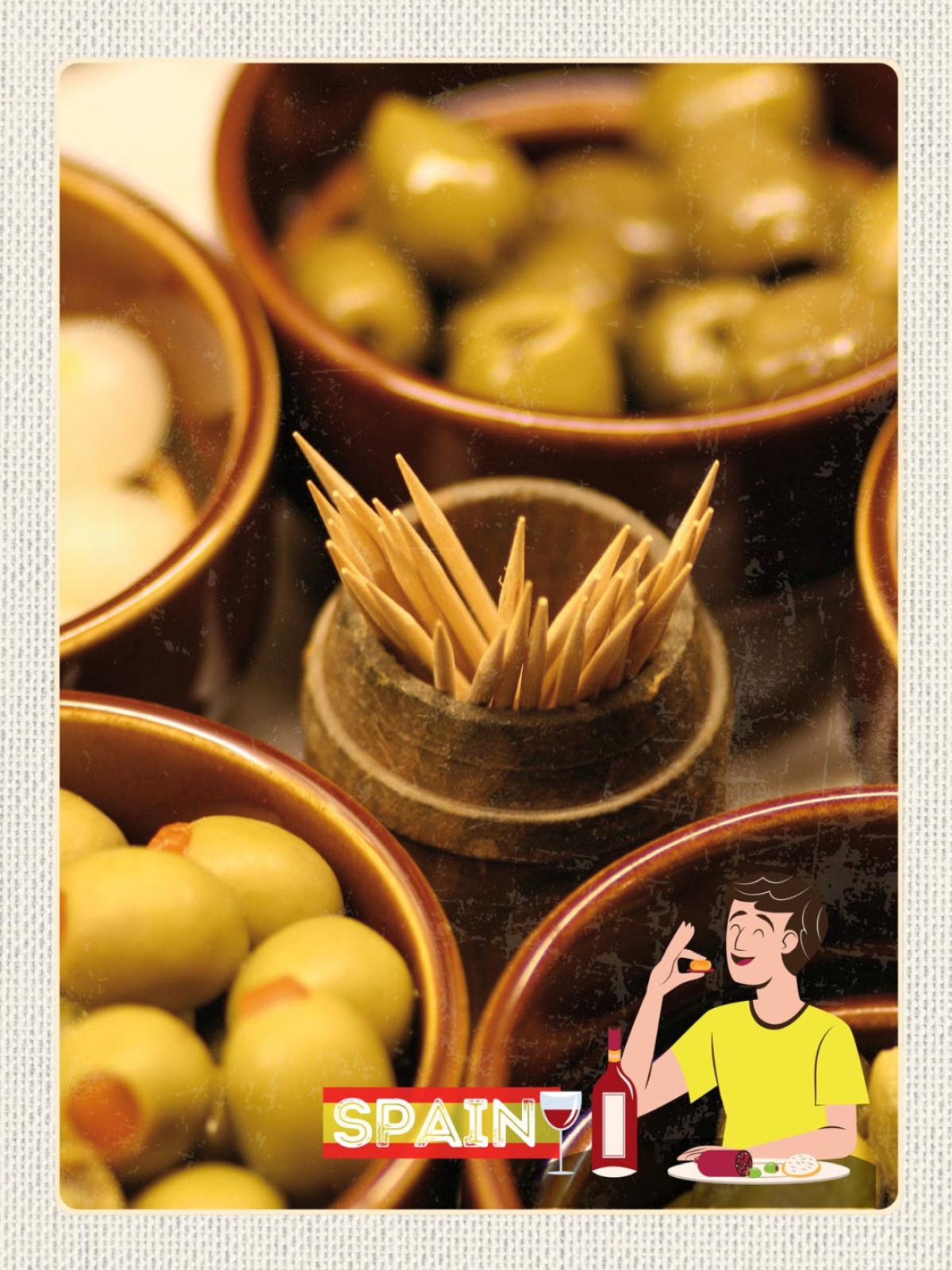 Schild Spain Spanien Oliven Zahnstocher Spezialität 12x18 20x30 30x40 Blech/Holz