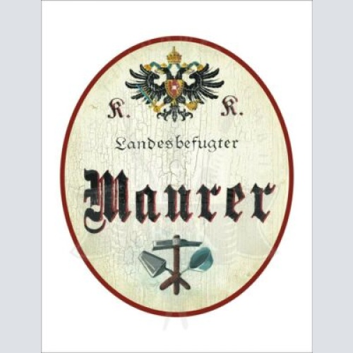 KuK Nostalgie Holzschild - Landesbefugter Maurer - Werkzeuge Hammer Spachtel TH