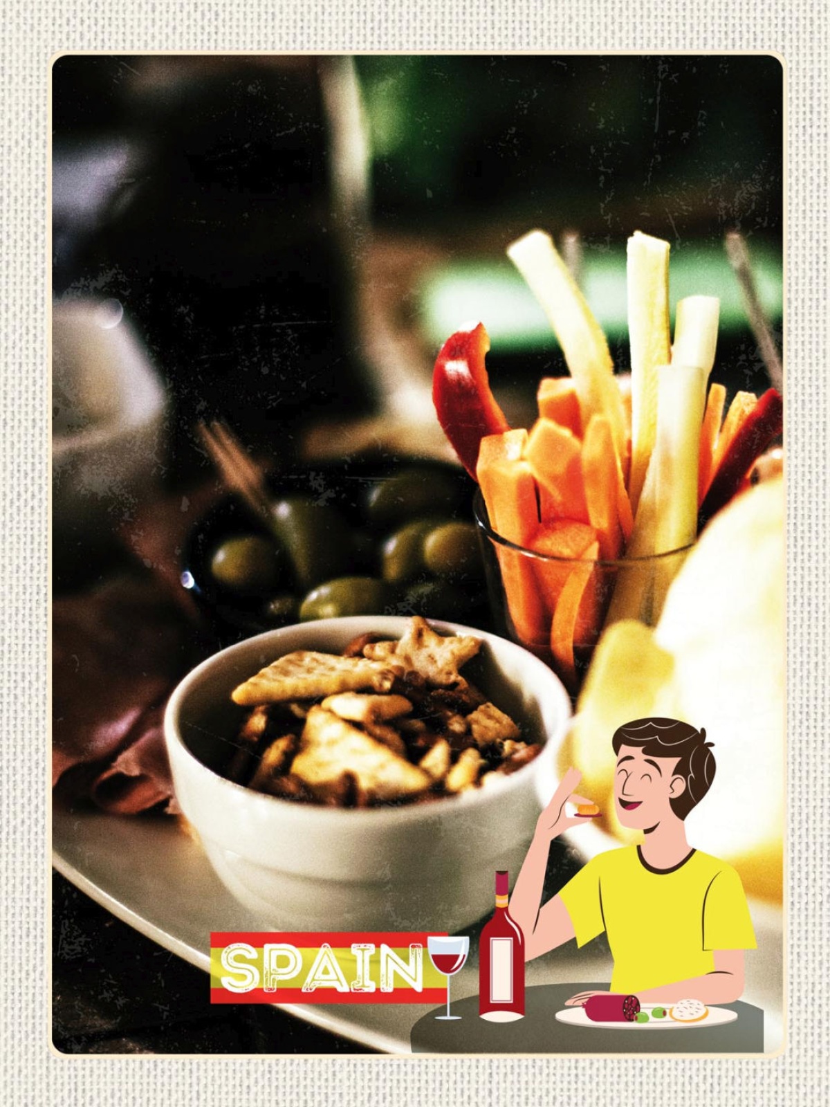 Schild Spain Spanien Snacks Cracker Pommes Essen 12x18 20x30 30x40 Blech/Holz