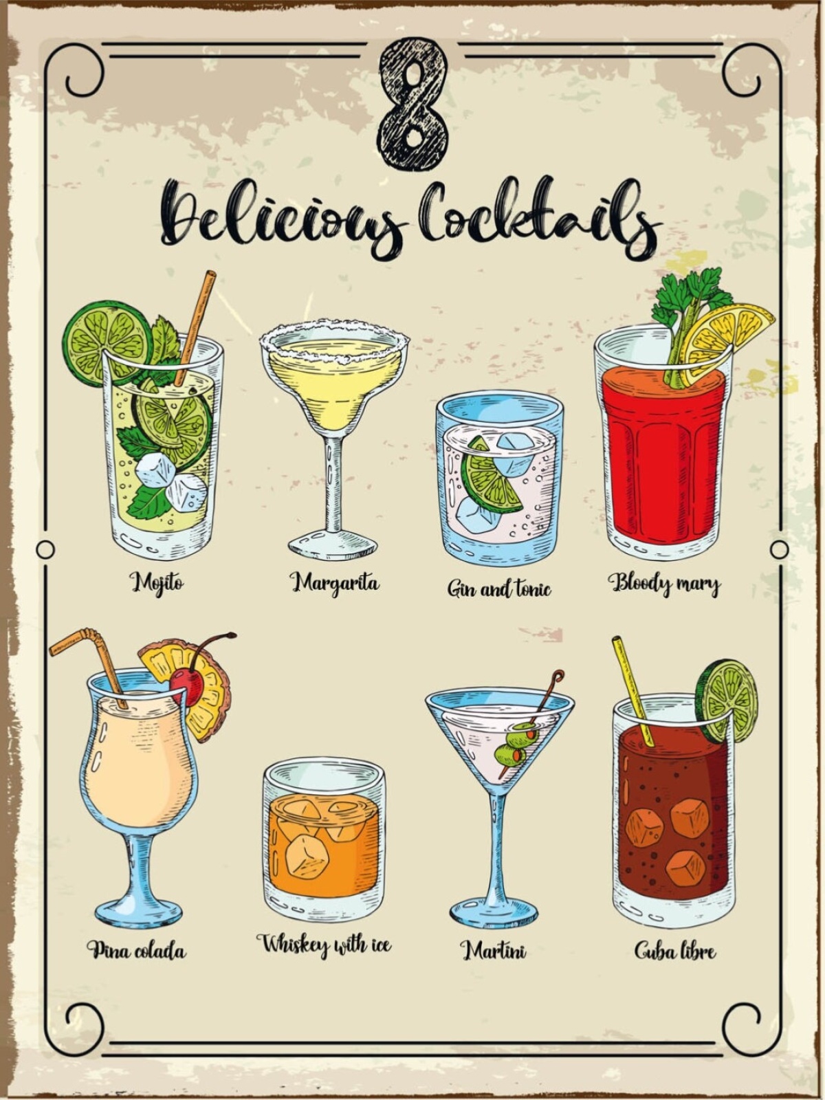 Schild 8 Delicious Cocktails Alkohol Bar Margarita 12x18 20x30 30x40 Blech/Holz