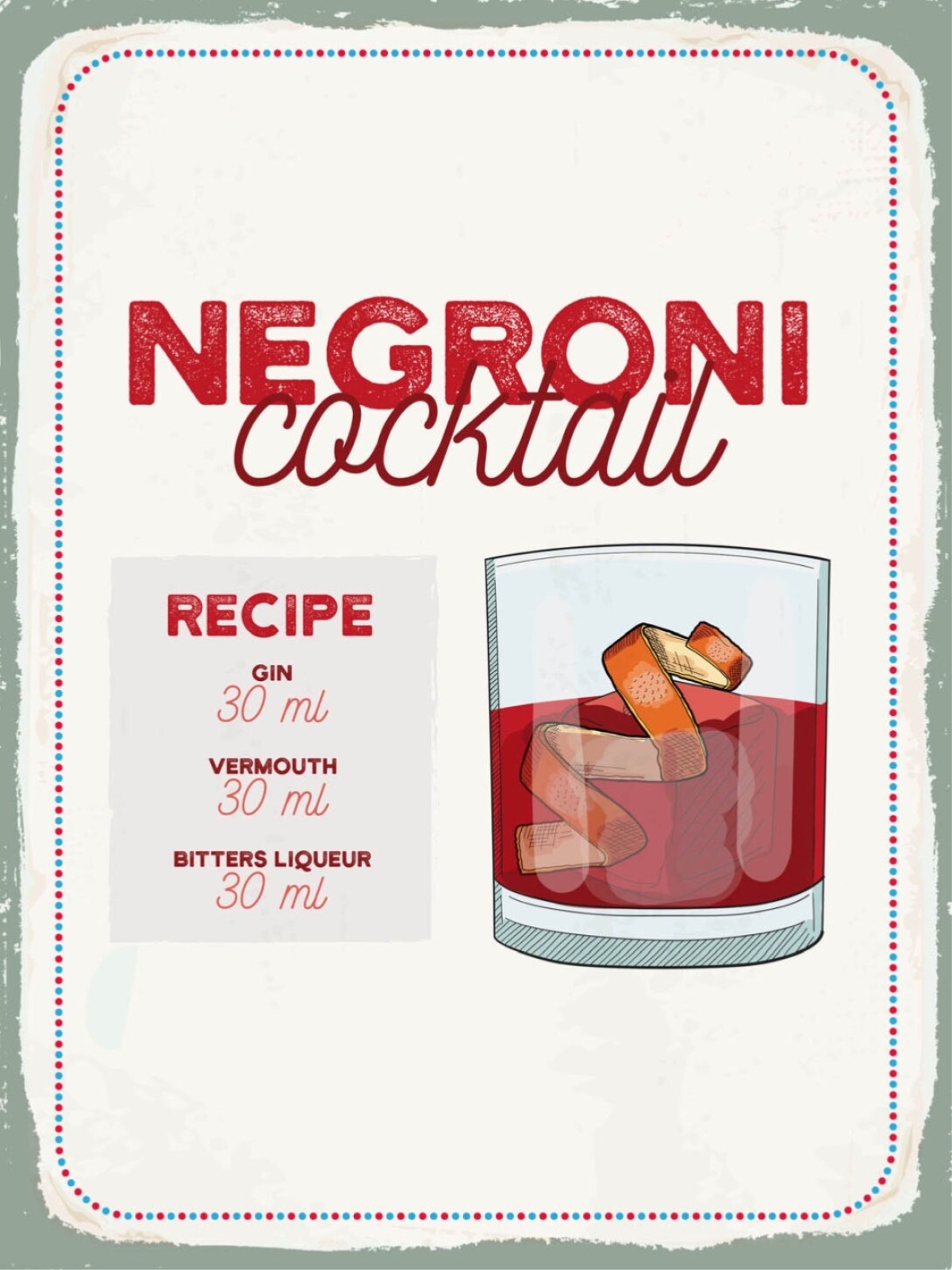 Schild Negroni Cocktail Rezept Bar Alkohol Drink 12x18 20x30 30x40 Blech/Holz