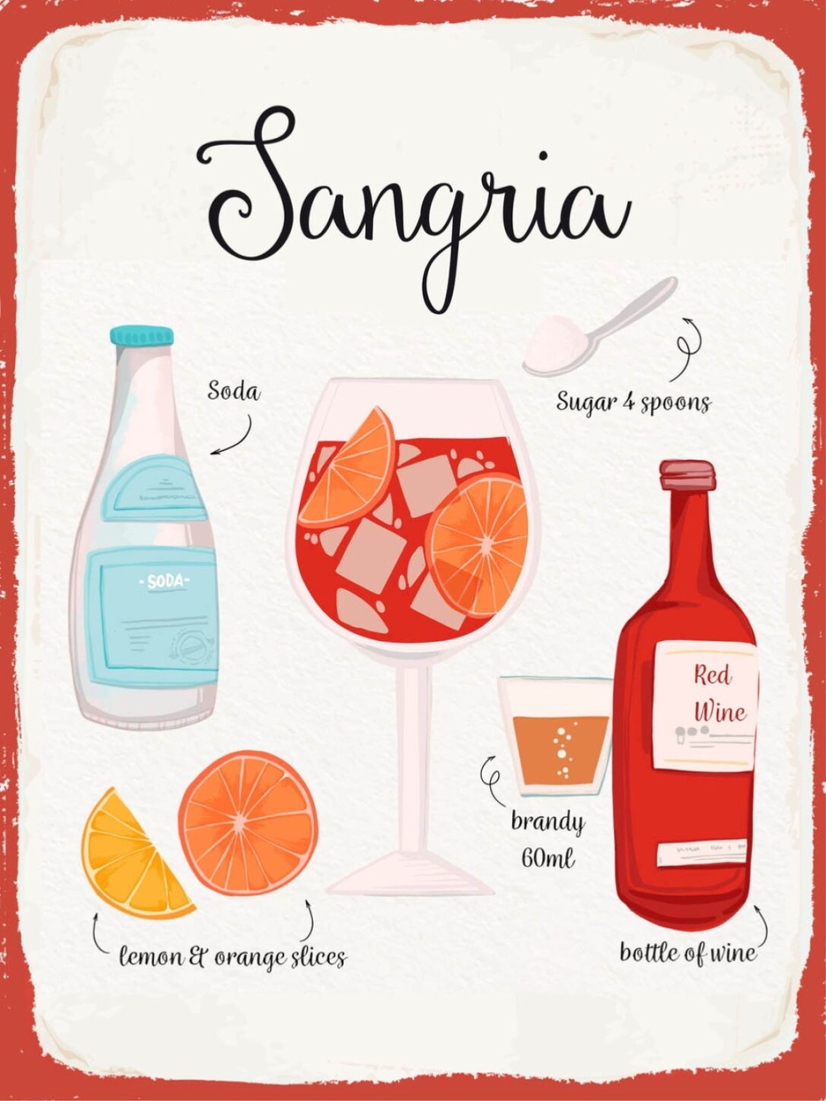 Schild Sangria Cocktail Rezept Bar Alkohol Drink 12x18 20x30 30x40 Blech/Holz