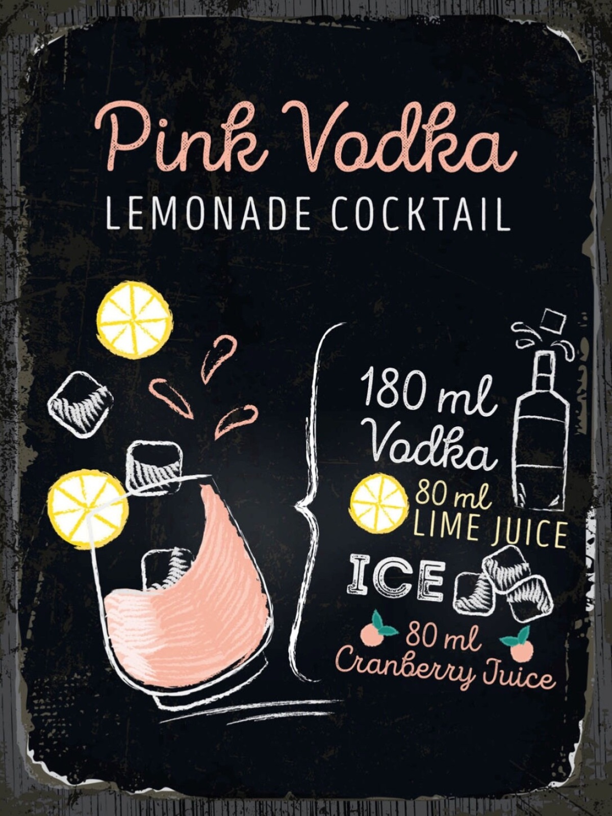Schild Pink Vodka Cocktail Rezept Bar Alkohol Drink 12x18 20x30 30x40 Blech/Holz