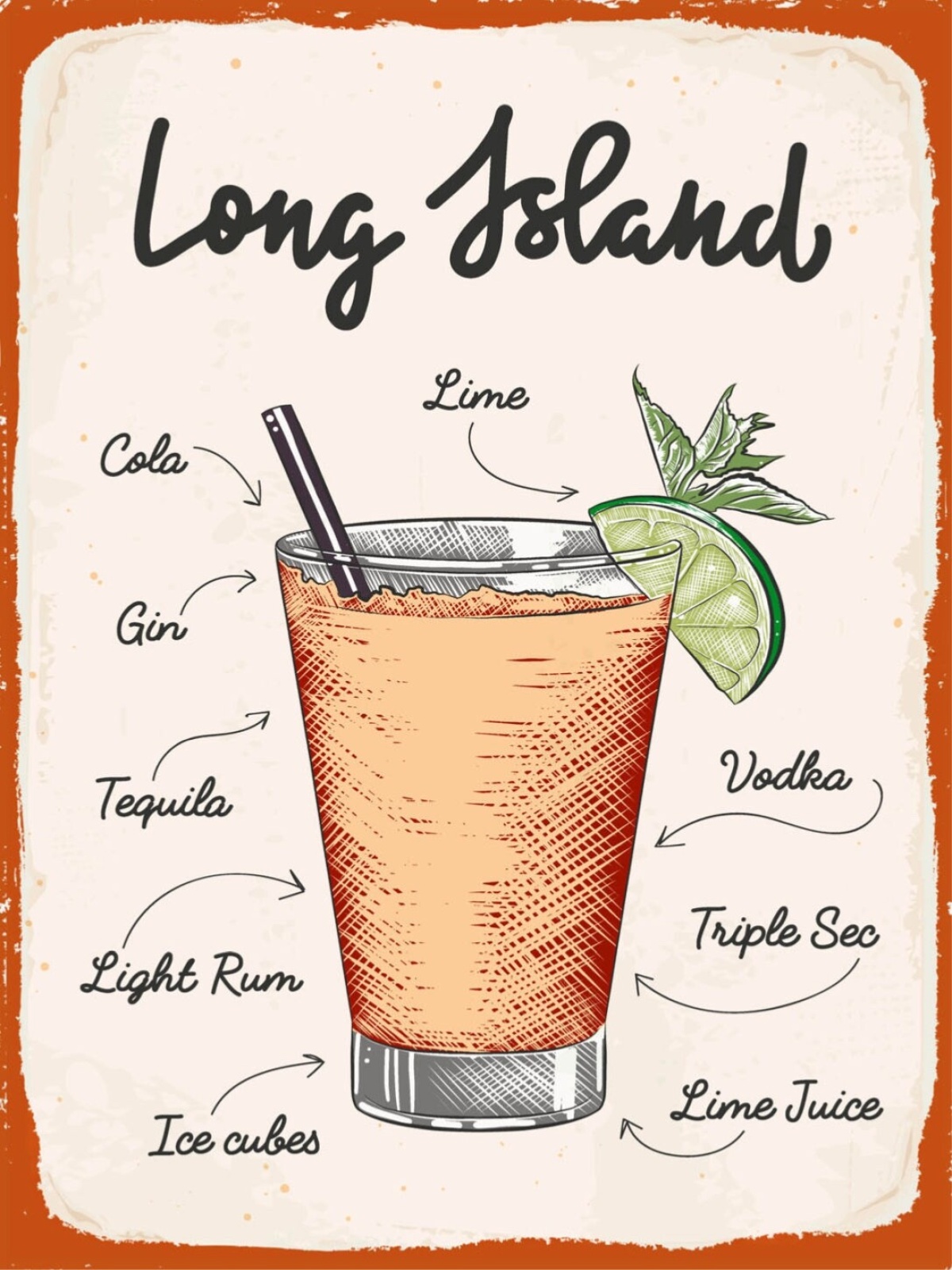 Schild Long Island Cocktail Rezept Alkohol Bar 12x18 20x30 30x40 Blech/Holz
