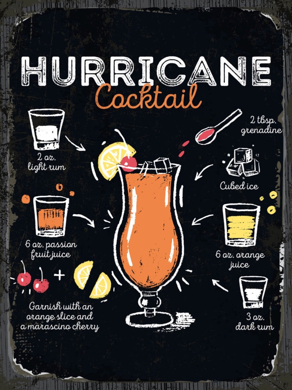 Schild Hurricane Cocktail Rezept Bar Alkohol Drink 12x18 20x30 30x40 Blech/Holz