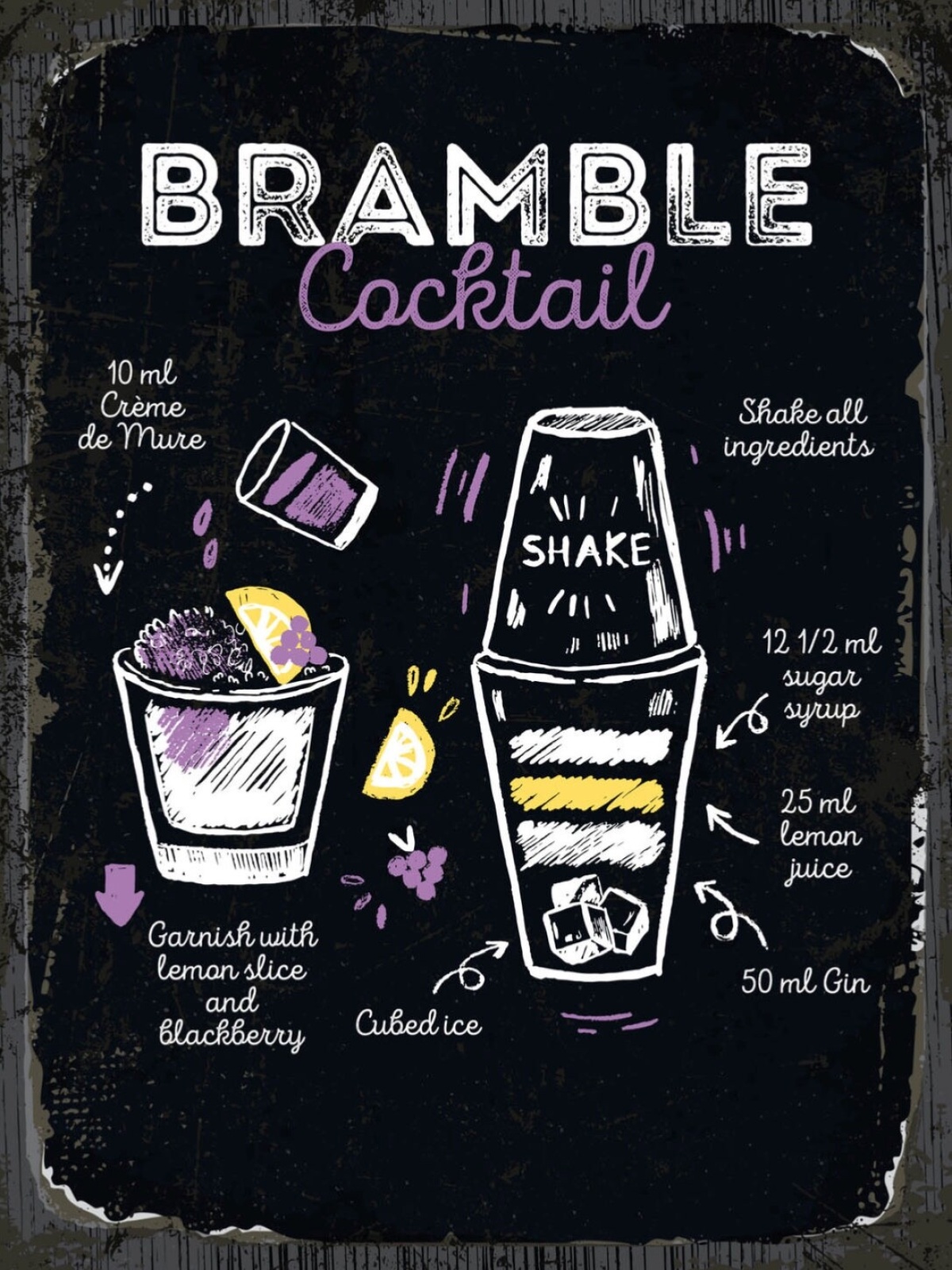 Schild Bramble Cocktail Rezept Bar Alkohol Drink 12x18 20x30 30x40 Blech/Holz