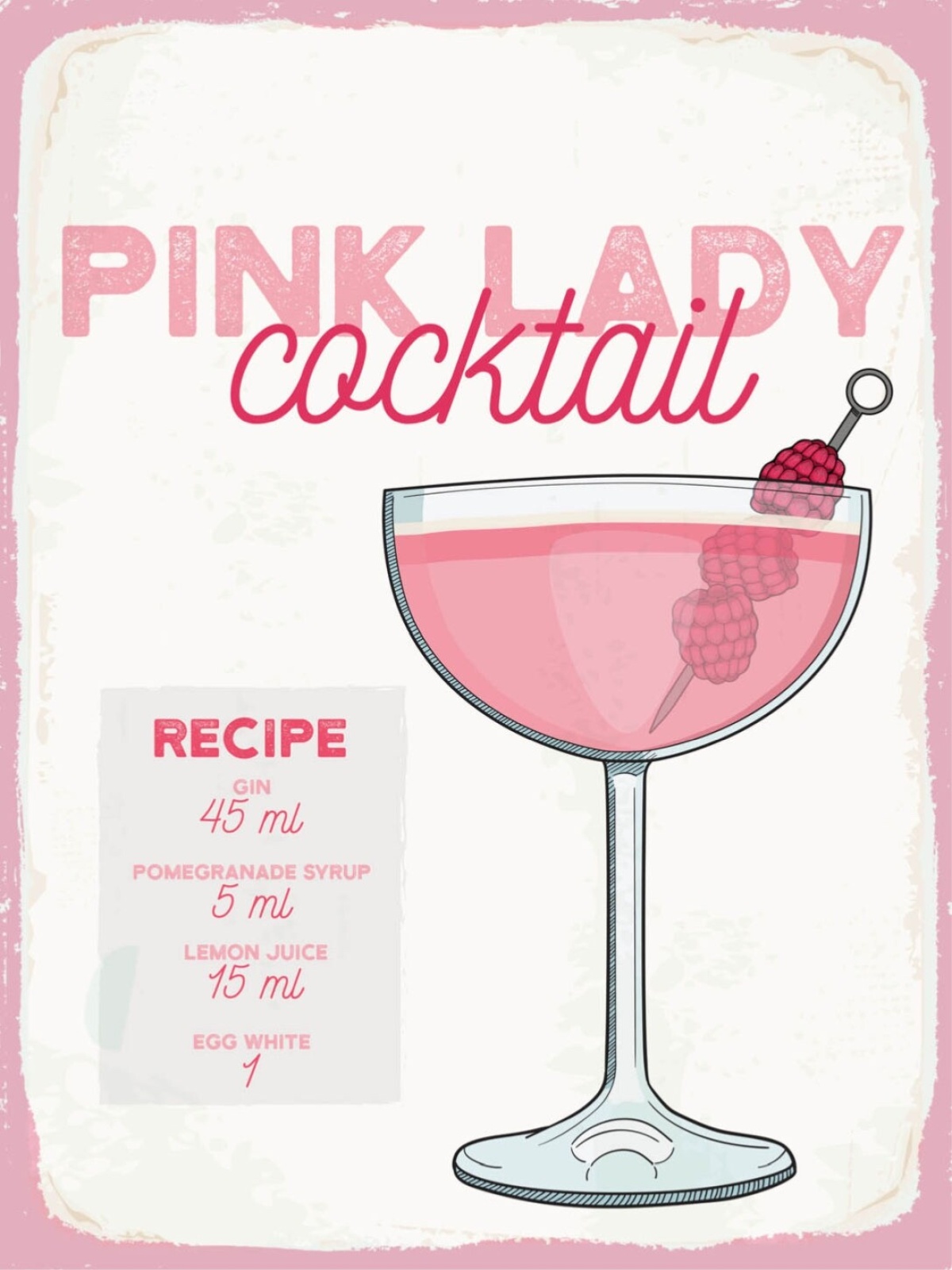 Schild Pink Lady Cocktail Rezept Bar Alkohol Drink 12x18 20x30 30x40 Blech/Holz