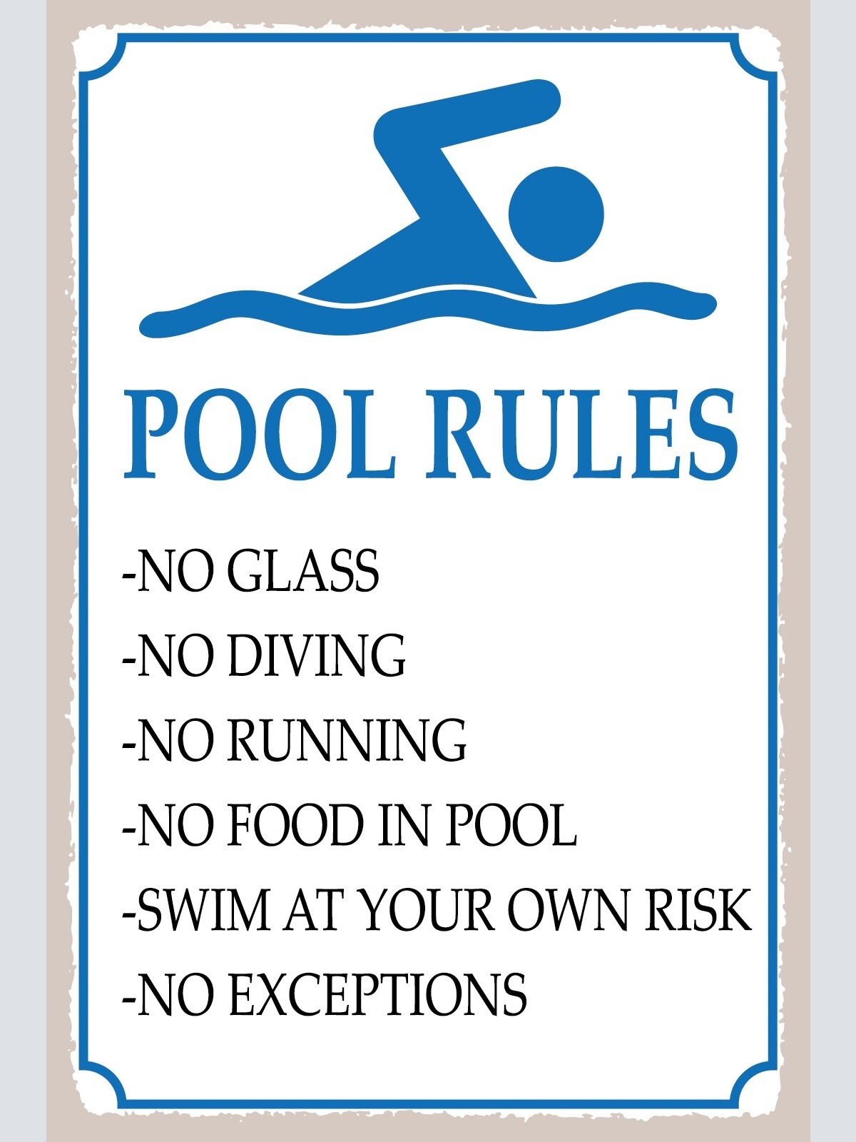 Schild Pool Rules Bad Regeln Schwimmen 12x18 / 20x30 / 30x40 Blech od. Holz
