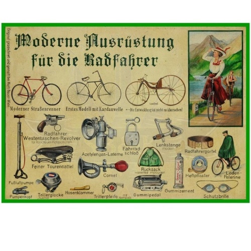KuK Nostalgie Holzschild "Moderne Ausrüstung für die Radfahrer"
