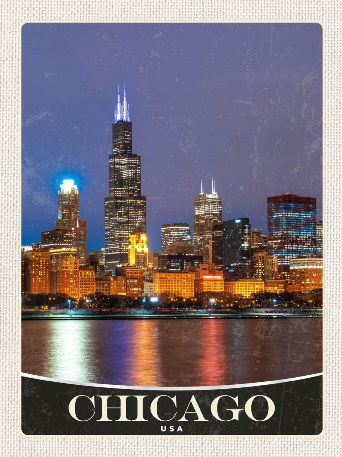 Schild Chicago USA Illinois Stadt Ansicht Nacht 12x18 20x30 30x40 Blech/Holz