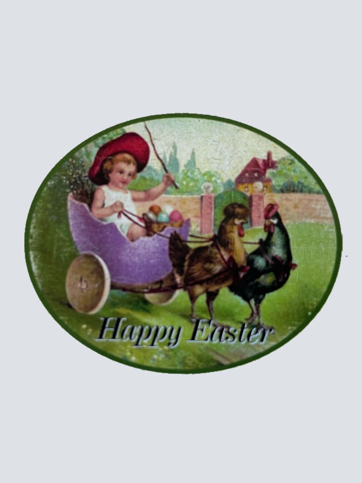 Nostalgie Holzschild Happy Easter Frohe Ostern Osterei Hühner Kind Wagen Schild