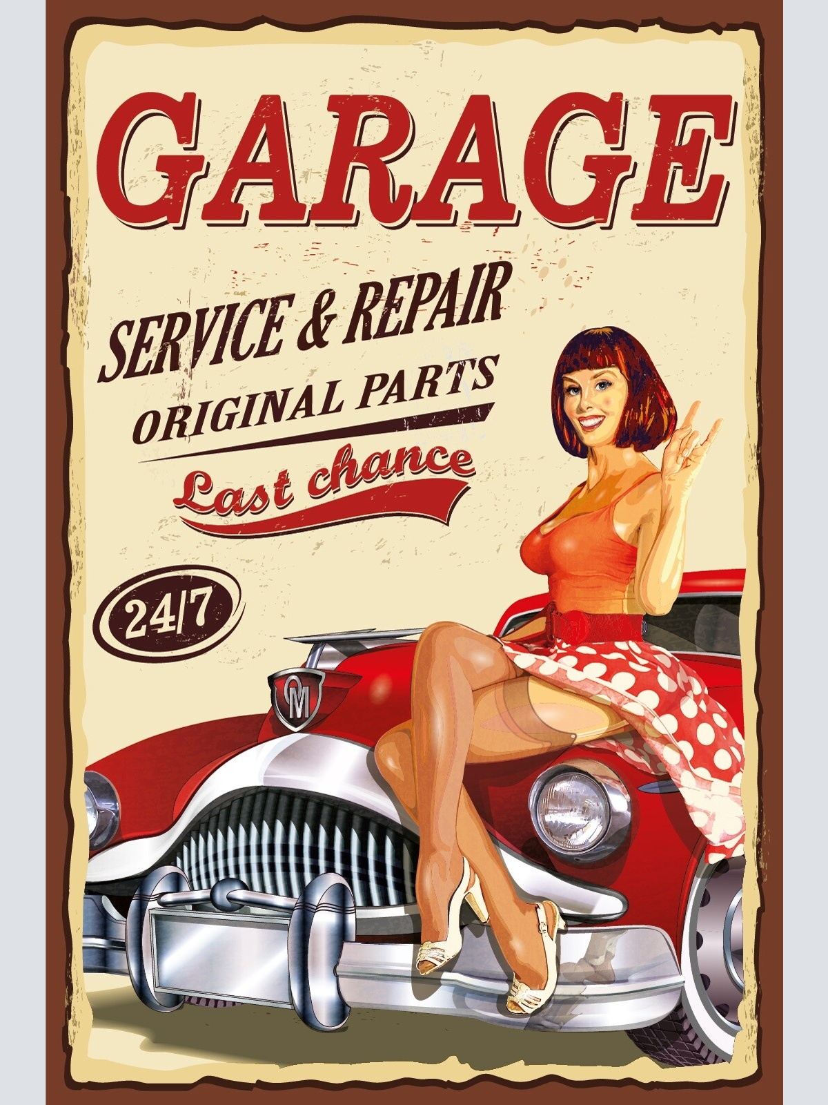 Nostalgie Schild Garage Service Repair Frau 12x18 / 20x30 / 30x40 Blech od. Holz