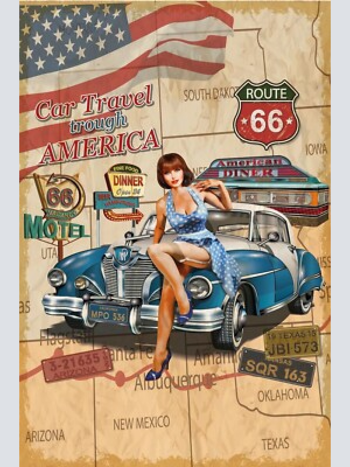 Nostalgie schild car travel usa route66 auto 12x18 / 20x30 / 30x40 blech od.holz