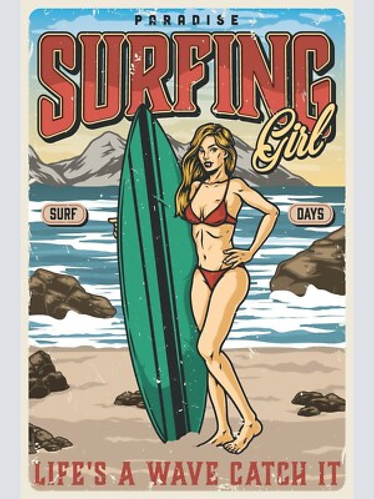 Nostalgie schild surfing girl frau surfen 12x18 / 20x30 / 30x40 blech od. holz