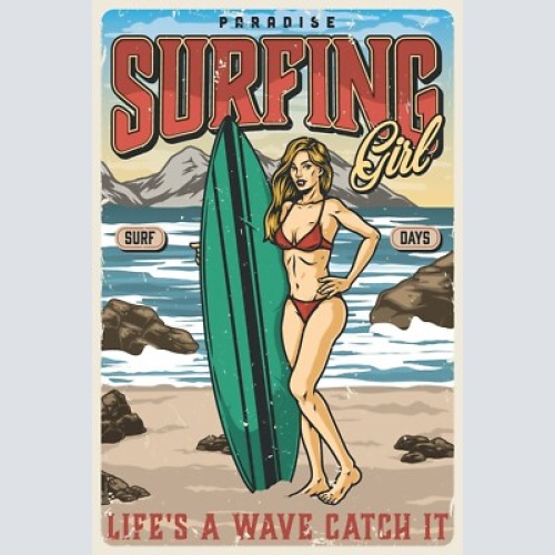 Nostalgie schild surfing girl frau surfen 12x18 / 20x30 / 30x40 blech od. holz