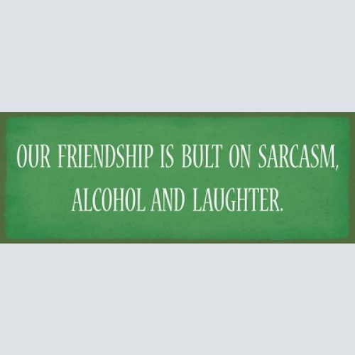 Schild our friendship is built on sarcasm alcohol & laughter 27x10 blech od.holz
