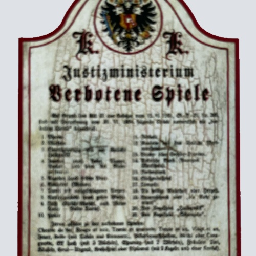 KuK Nostalgie Holzschild Justizministerium Verbotene Spiele Liste Schild