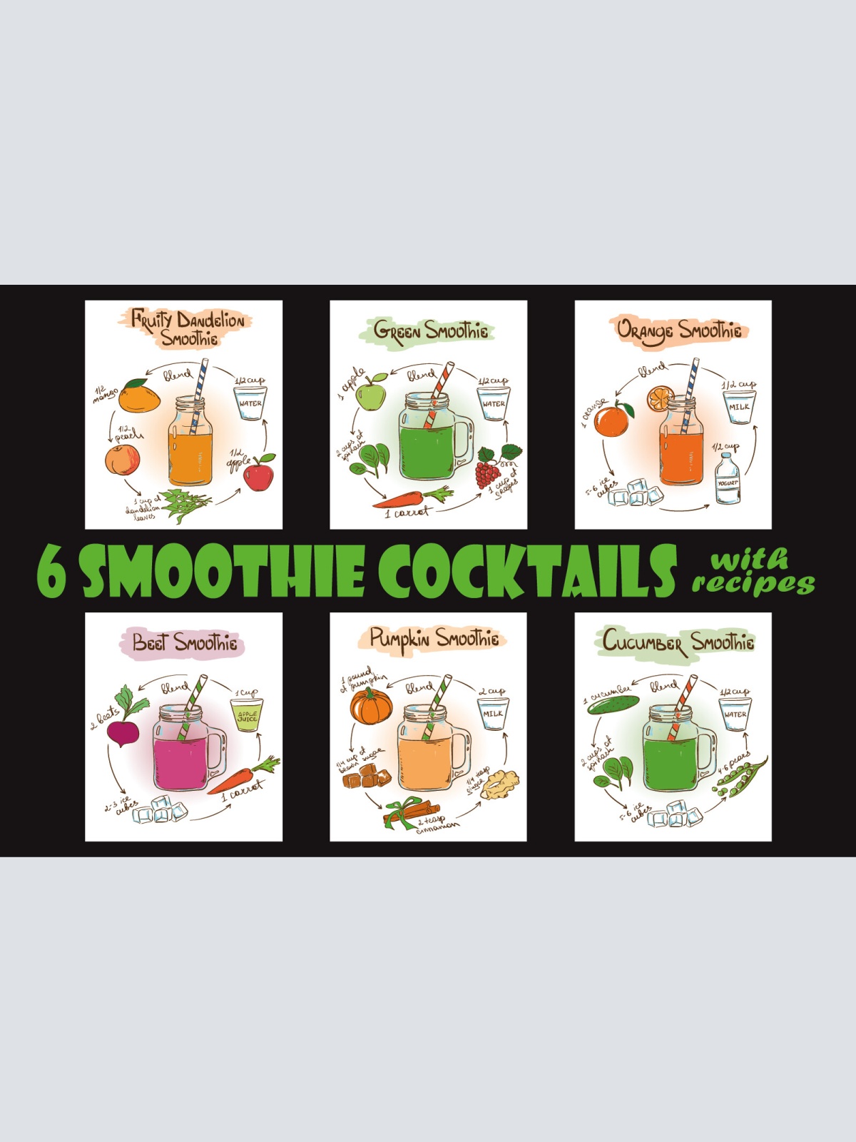 Nostalgie Schild 6 Smoothie Cocktails 12x18 / 20x30 / 30x40 Blech od. Holz